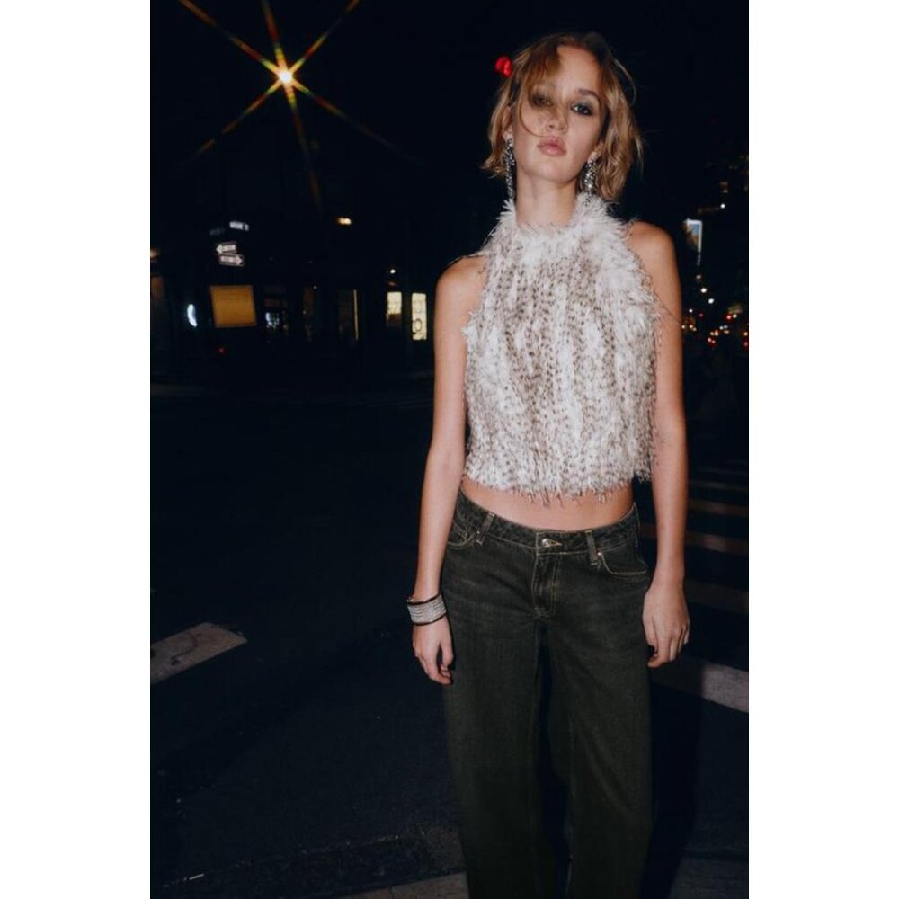 ZARA FAUX FUR HALTER TOP - Picture 1 of 10